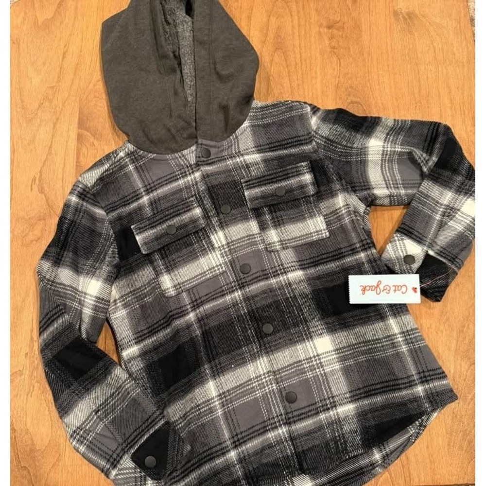 Cat & Jack Boys Black White Plaid Hooded Flannel Shirt Jacket Shacket NWT